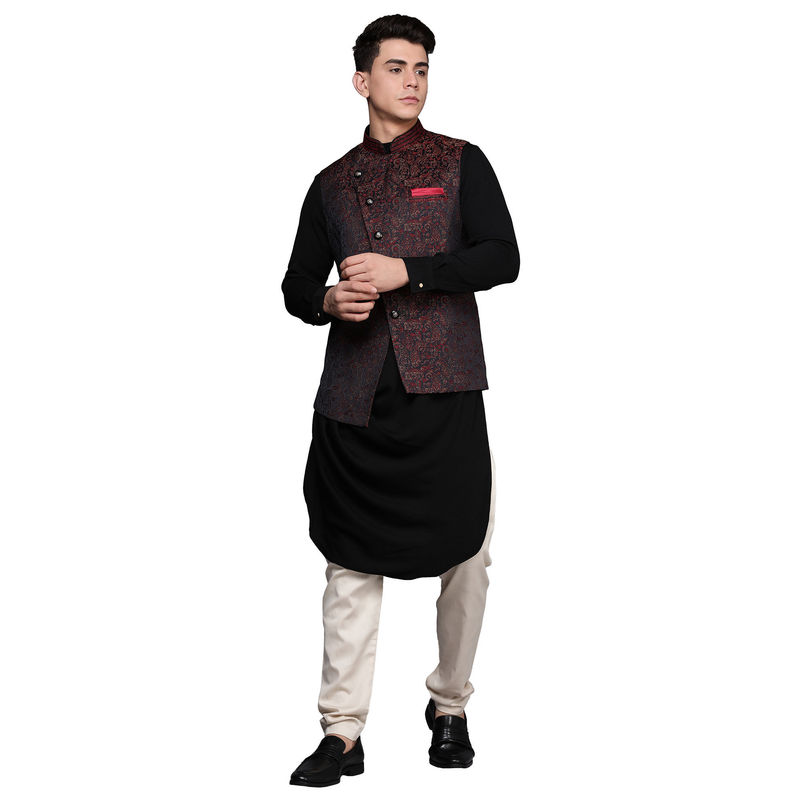 Manyavar Mens Blended Rayon Drape Kurta Pencil Pant with Printed Jacket (Black) (L)