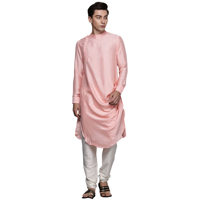 Manyavar Mens Blended Viscose Solid Drape Kurta with Pencil Pajama (Pink) (L)
