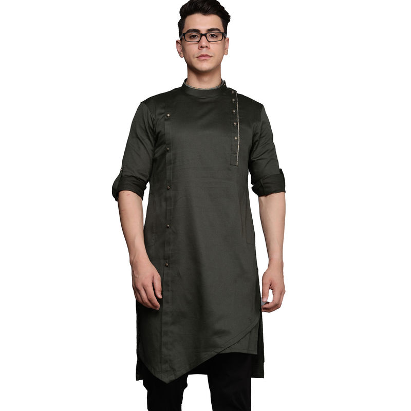 Manyavar Mens Blended Viscose Solid Asymmetric Kurta (B. Green) (L)