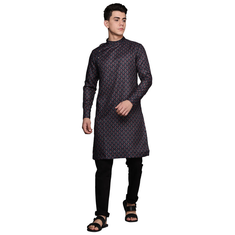 Manyavar Mens Art Silk Printed Casual Kurta (Blue) (L)