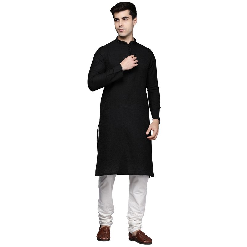 Manyavar Black Silk Blend Traditional Jacquard Kurta Churidar (L)