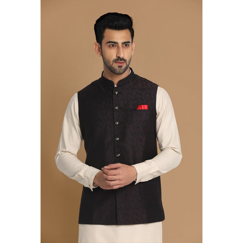 Manyavar Wine Rayon blend traditional Waistcoat (L)