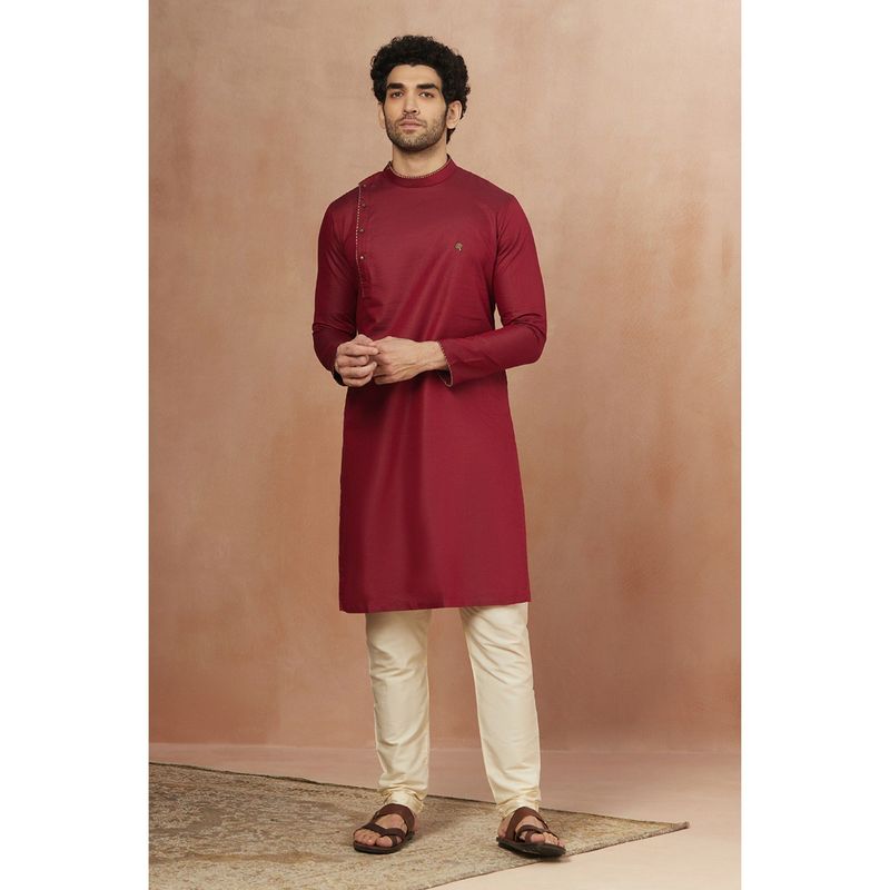 Manyavar Maroon Cotton blend traditional Kurta for Men (M)