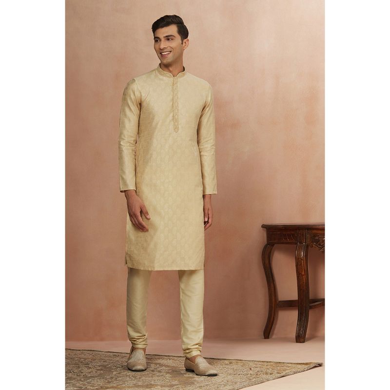 Manyavar Fawn Art Silk traditional Kurta with Pencil Pajama (L)