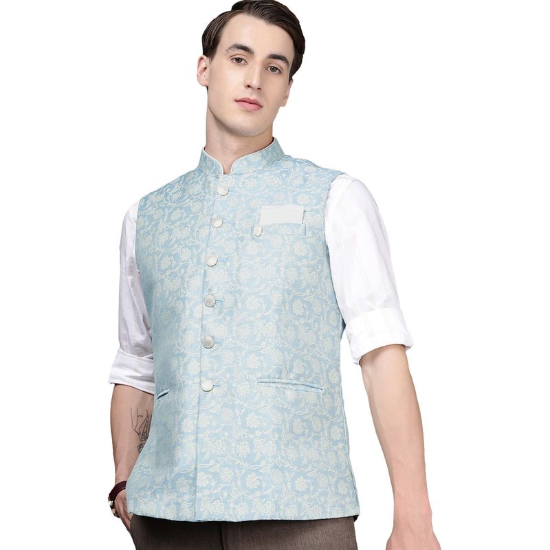 Manyavar Mens Blue Blended Viscose Festive Wear Nehru Jacket (S)