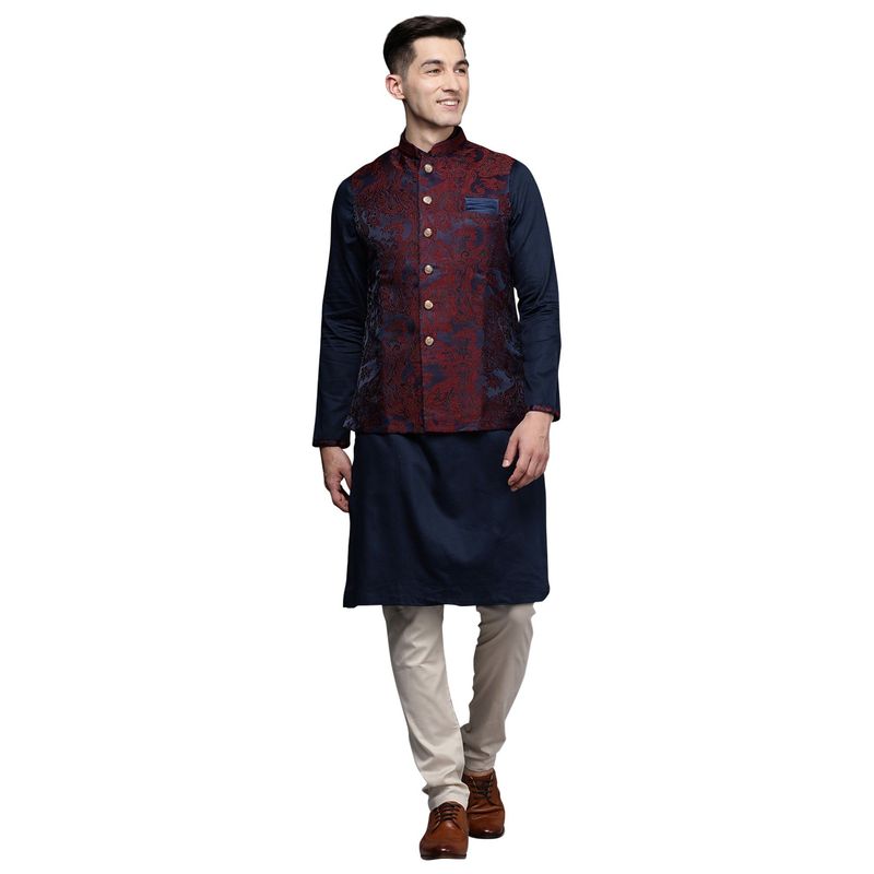 Manyavar Men'S Blue Cotton Art Silk Festive Wear Kurta Jacket Pyjama (L)