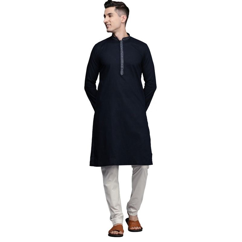 Manyavar Men'S Navy Blue Cotton Festive Wear Kurta with Pencil Pajama (M)