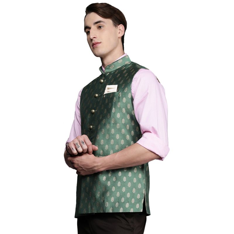 Manyavar Mens Green Art Silk Festive Wear Nehru Jacket (M)