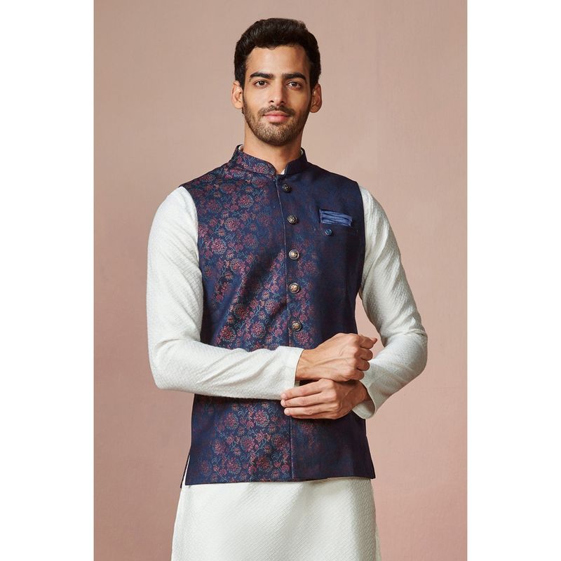 Manyavar Blue Sleeveless Mandarin Collar Waistcoat (XL)