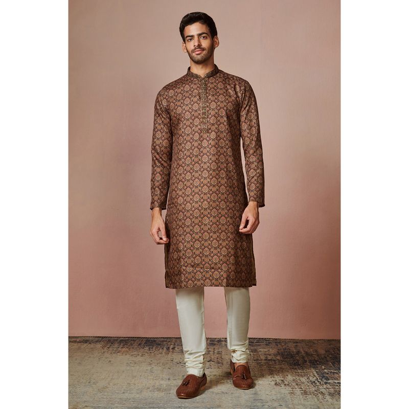 Manyavar Brown Full Sleeves Kurta Pajama (L)