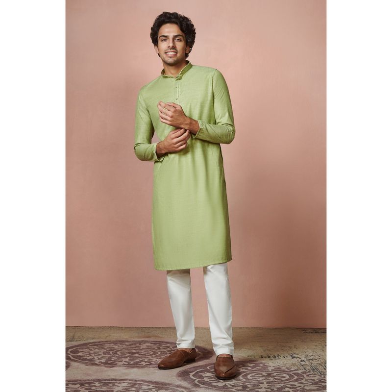 Manyavar Green Full Sleeves Kurta with Pencil Pajama (M)
