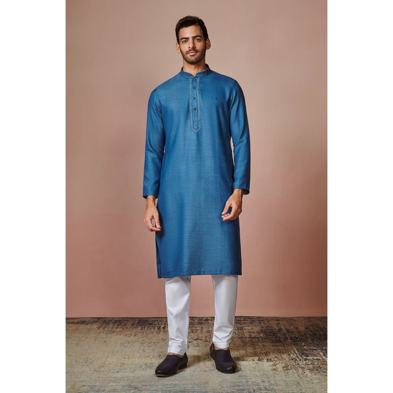 Manyavar Blue Full Sleeves Kurta with Pencil Pajama (M)