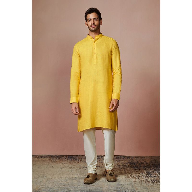 Manyavar Yellow Linen Mandarin Collar Kurta Only (M)