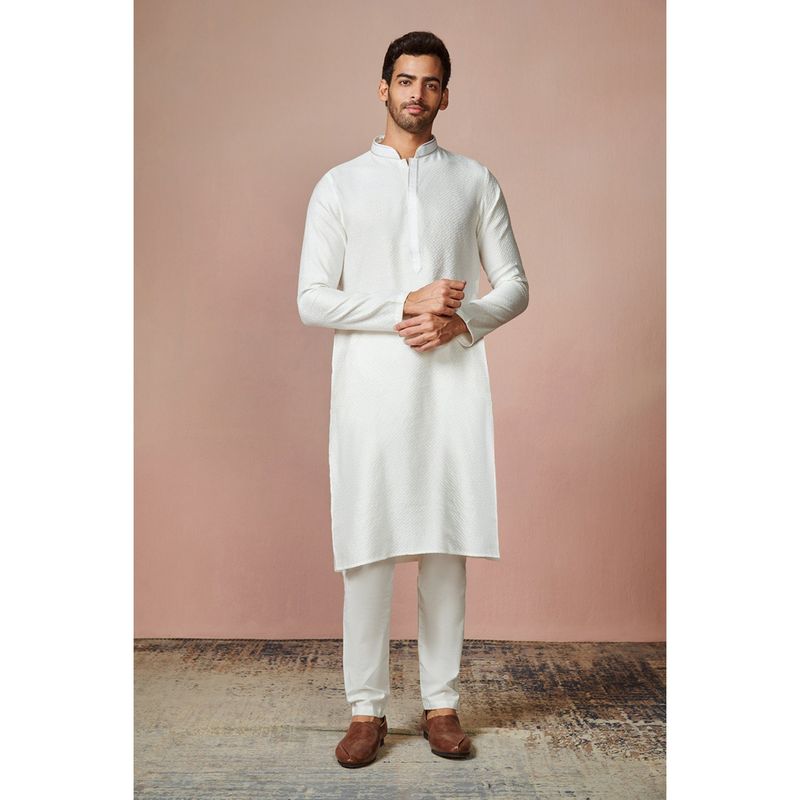 Manyavar White Blended Viscose Mandarin Collar Kurta Pajama (S)