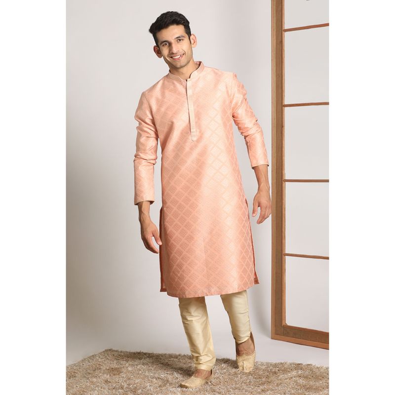 Manyavar Art Silk Peach Self Design Mandarin Collar Kurta with Pencil Pajama (M)