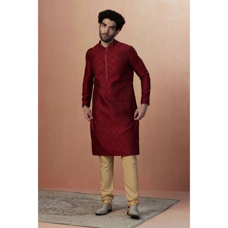Manyavar Art Silk Maroon Self Design Mandarin Collar Kurta with Pencil Pajama (M)