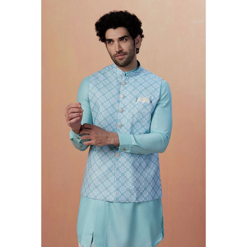 Manyavar Blended Viscose Blue Sleeveless Mandarin Collar Nehru Jacket (M)