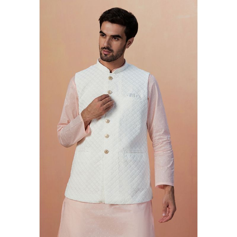 Manyavar Blended Cotton Off White Embroidery Sleeveless Mandarin Collar Nehru Jacket (M)