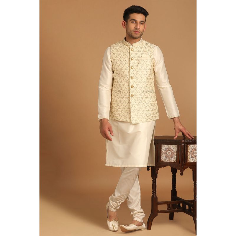 Manyavar Blended Viscose Beige Printed Kurta Jacket Churidar (M)