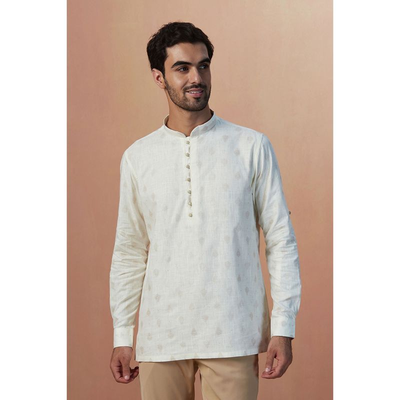 Manyavar Blended Viscose White Printed Mandarin Collar Short Kurta (S)