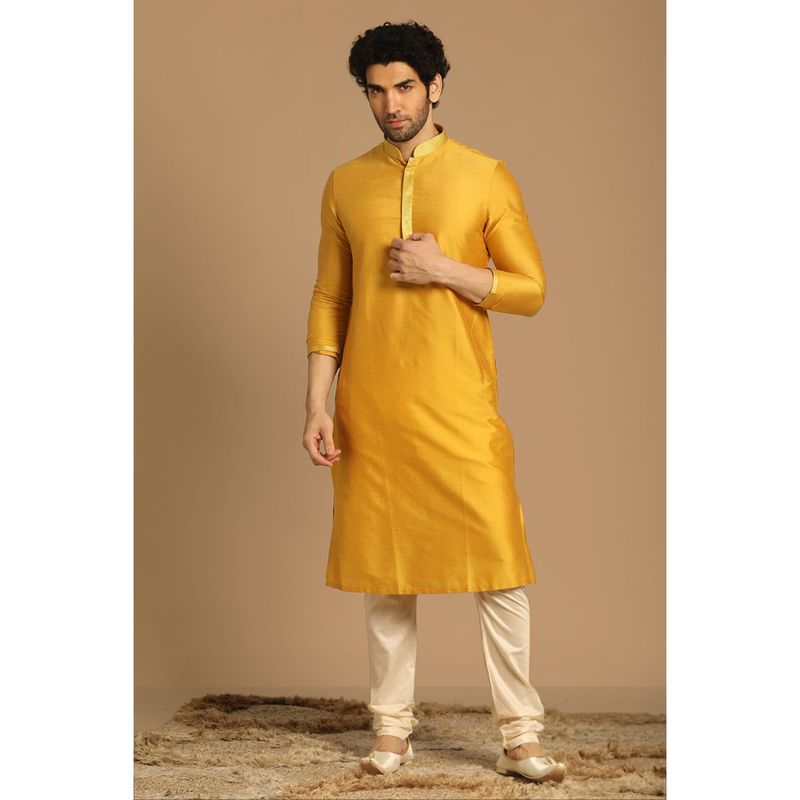 Manyavar Art Silk Mustard Solid Mandarin Collar Kurta Churidar (L)