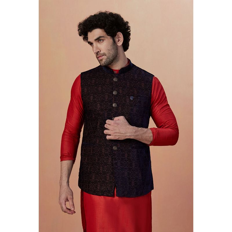 Manyavar Velvet Blue Printed Waistcoat for Men (M)