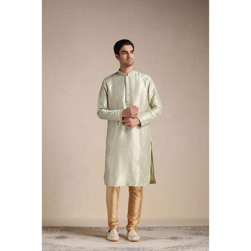 Manyavar Pista Art Silk All Over Self Design Kurta with Pencil Pajama (2XL)