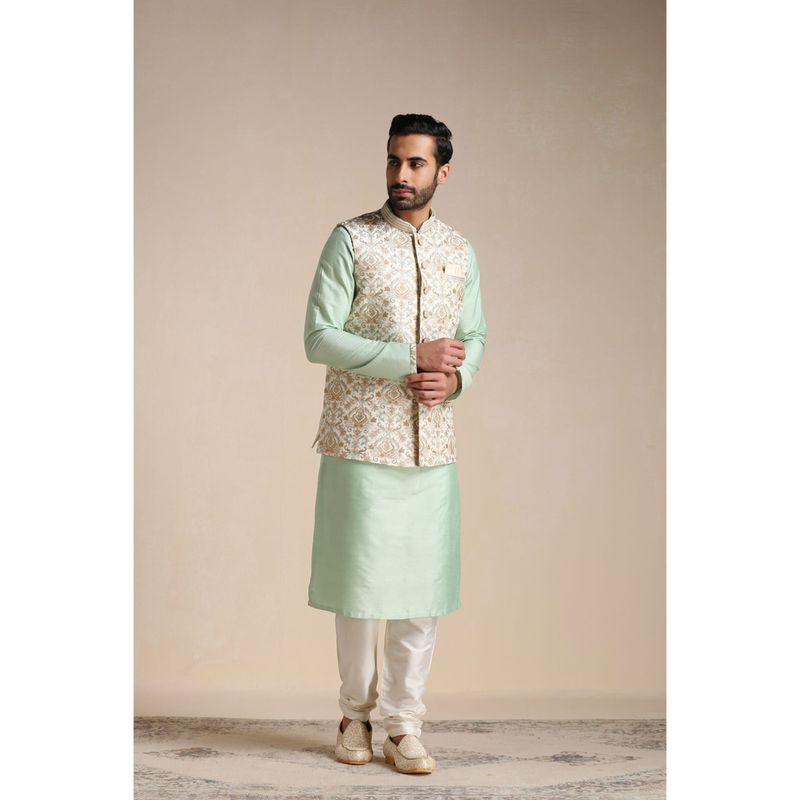 Manyavar Green Blended Viscose & Art Silk Solid Kurta Jacket Pyjama (M)