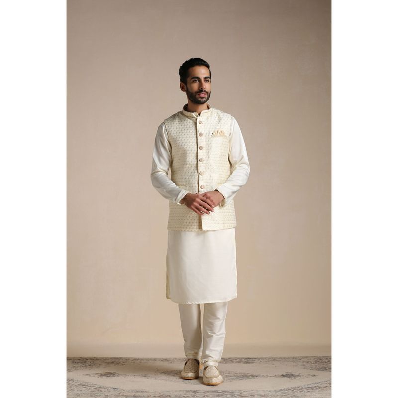Manyavar Off White Satin & Art Silk Solid Kurta Jacket Pyjama (M)