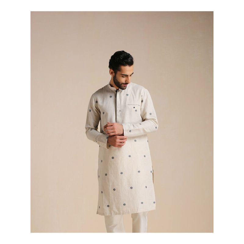 Manyavar Beige Blended Linen Printed Kurta Only (M)