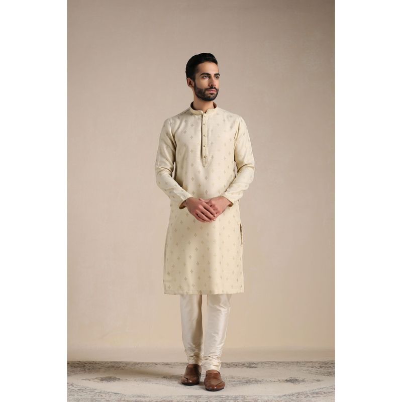 Manyavar Beige Blended Viscose Printed Kurta with Pencil Pajama (S)