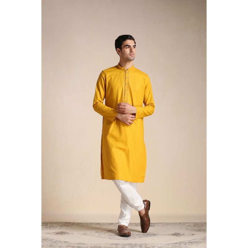 Manyavar Mustard Cotton Solid Kurta with Pencil Pajama (S)