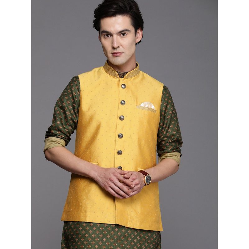 Manyavar Mustard Sleeveless Mandarin Collar Nehru Jacket (S)