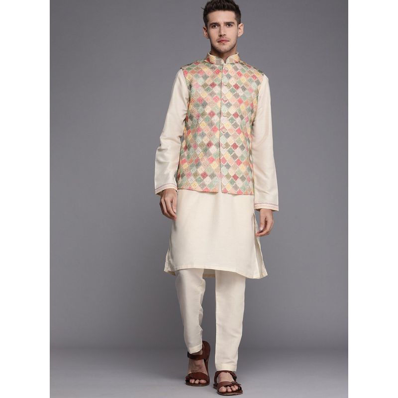 Manyavar Beige Kurta Pyjama with Nehru Jacket (M)