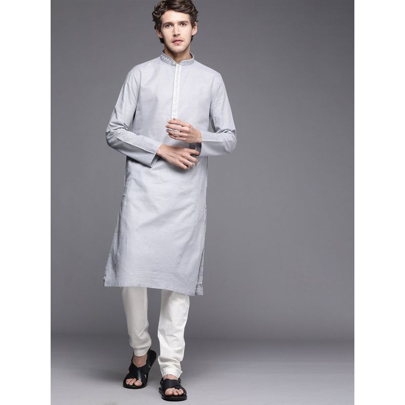 Manyavar Grey Full Sleeves Kurta with Pencil Pajama (L)