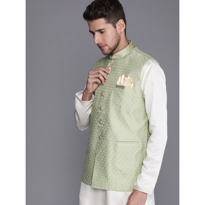 Manyavar Green Sleeveless Mandarin Collar Nehru Jacket (M)
