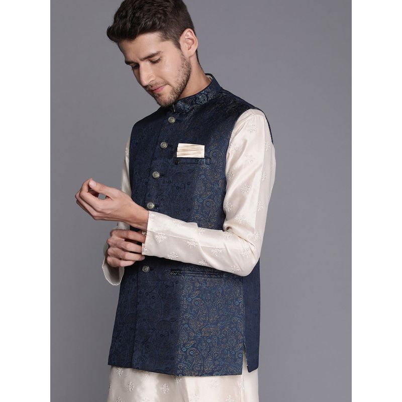 Manyavar Blue Sleeveless Mandarin Collar Waistcoat (M)