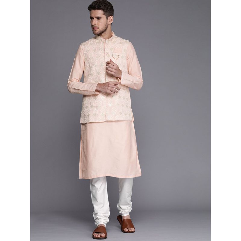 Manyavar Pink Mandarin Collar Kurta Jacket Pyjama (S)