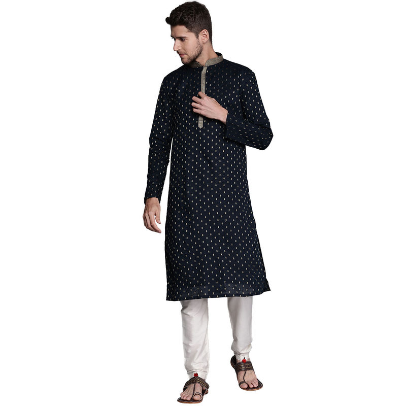 Manyavar Blue Cotton Solid Kurta Pencil Pyjama Set (M)