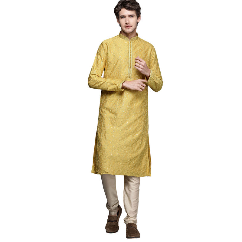 Manyavar Mustard Blended Viscose Self Design Kurta Pencil Pyjama Set (M)