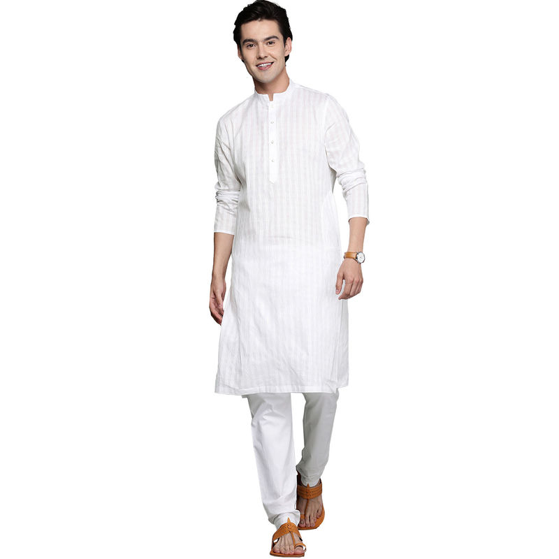 Manyavar White Cotton Solid Kurta Pencil Pyjama Set (L)