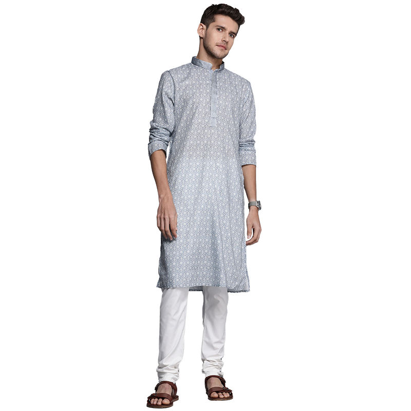 Manyavar Grey Blended Cotton All Over Self Design Kurta Pyjama Set (M)