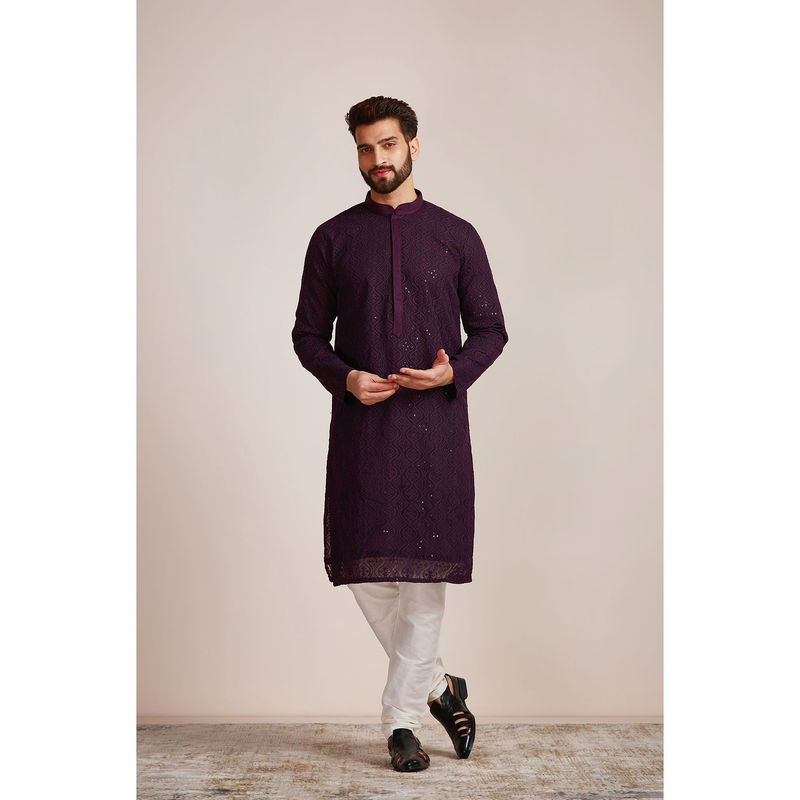 Manyavar Purple Georgette Embroidery Kurta Pyjama Set (M)