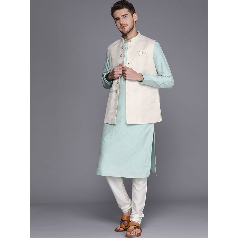 Manyavar Off White & Cream Art Silk Solid Ethnic Waistcoat (M)