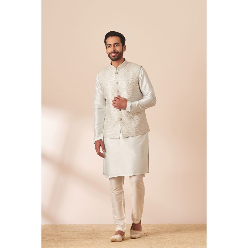 Manyavar White Art Silk All Over Self Design Kurta Jacket & Pyjama (M)