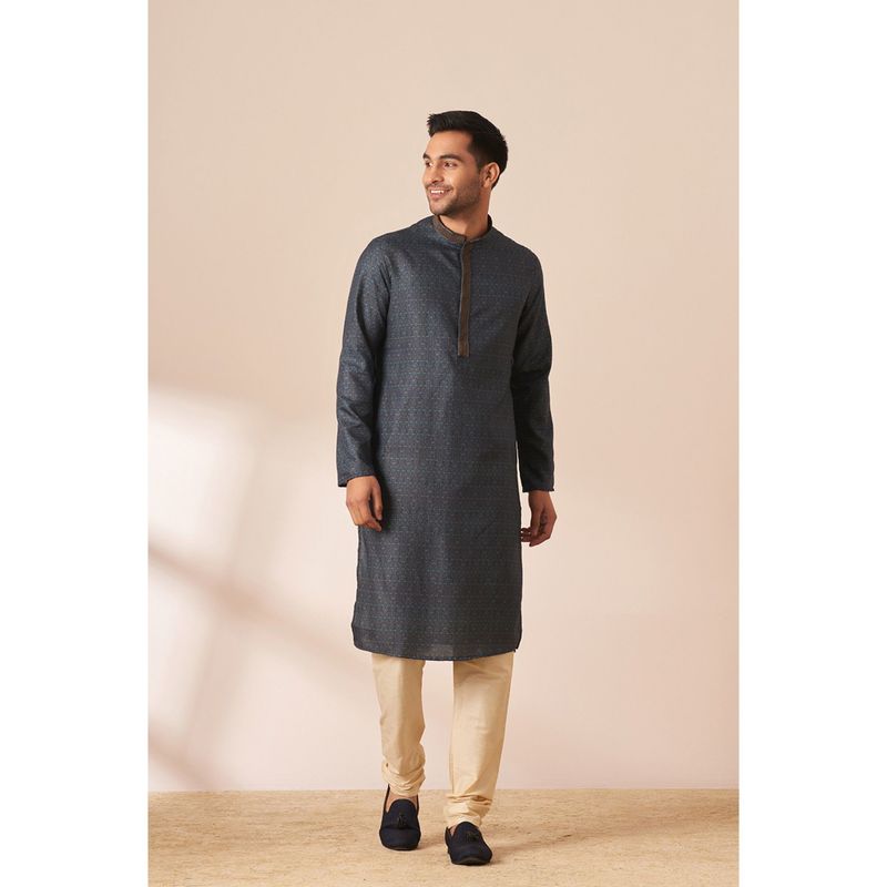 Manyavar Blue Blended Viscose Printed Kurta with Churidar (M)