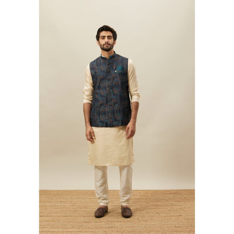 Manyavar Blue Brocade Printed Sleeveless Nehru Jacket (M)