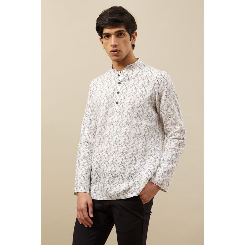 Manyavar White Linen Printed Full Sleeves Short Kurta (XL)