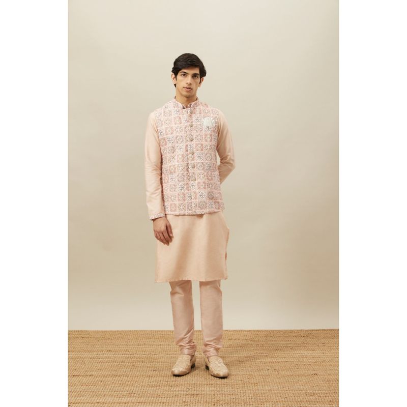 Manyavar Pink Blended Viscose Printed Full Sleeves Kurta Jacket & Pencil Pyjama (L)