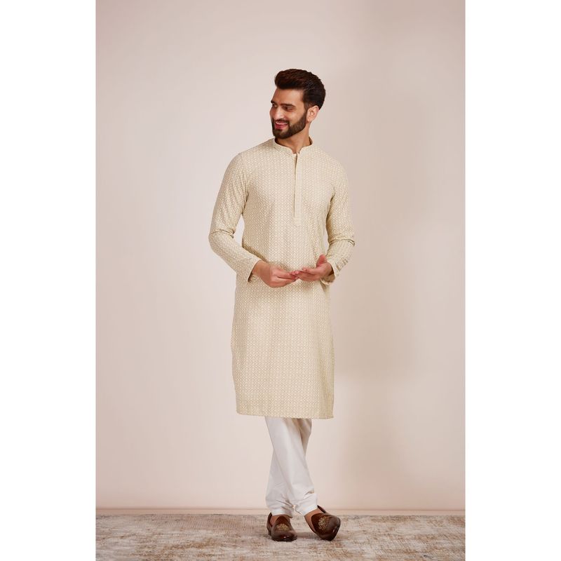 Manyavar Beige Blended Cotton Embroidery Kurta (M)